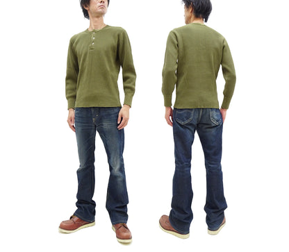 Studio D'Artisan Men's Heavyweight Waffle Knit Thermal Henley Long Sleeve T-Shirt - 100% Cotton, Ribbed Crew Neck Band, Ribbed Cuffs, Raw-edge hem, Made in Japan (SDA 9937) Khaki