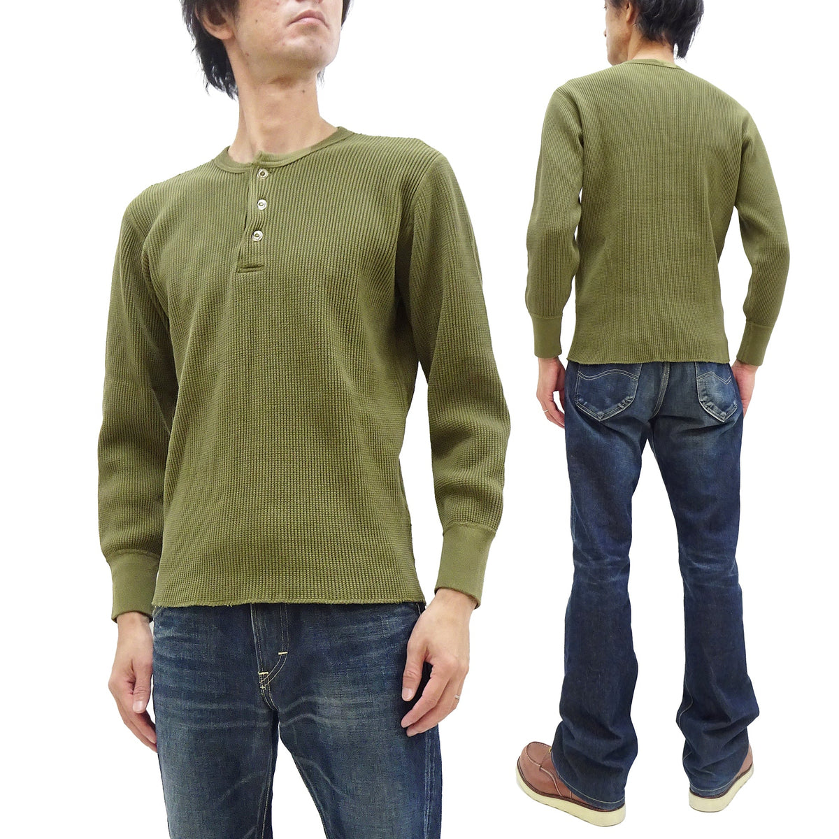 Studio D'Artisan Men's Heavyweight Waffle Knit Thermal Henley Long Sleeve T-Shirt - 100% Cotton, Ribbed Crew Neck Band, Ribbed Cuffs, Raw-edge hem, Made in Japan (SDA 9937) Khaki