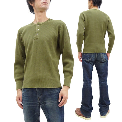 Studio D'Artisan Men's Heavyweight Waffle Knit Thermal Henley Long Sleeve T-Shirt - 100% Cotton, Ribbed Crew Neck Band, Ribbed Cuffs, Raw-edge hem, Made in Japan (SDA 9937) Khaki