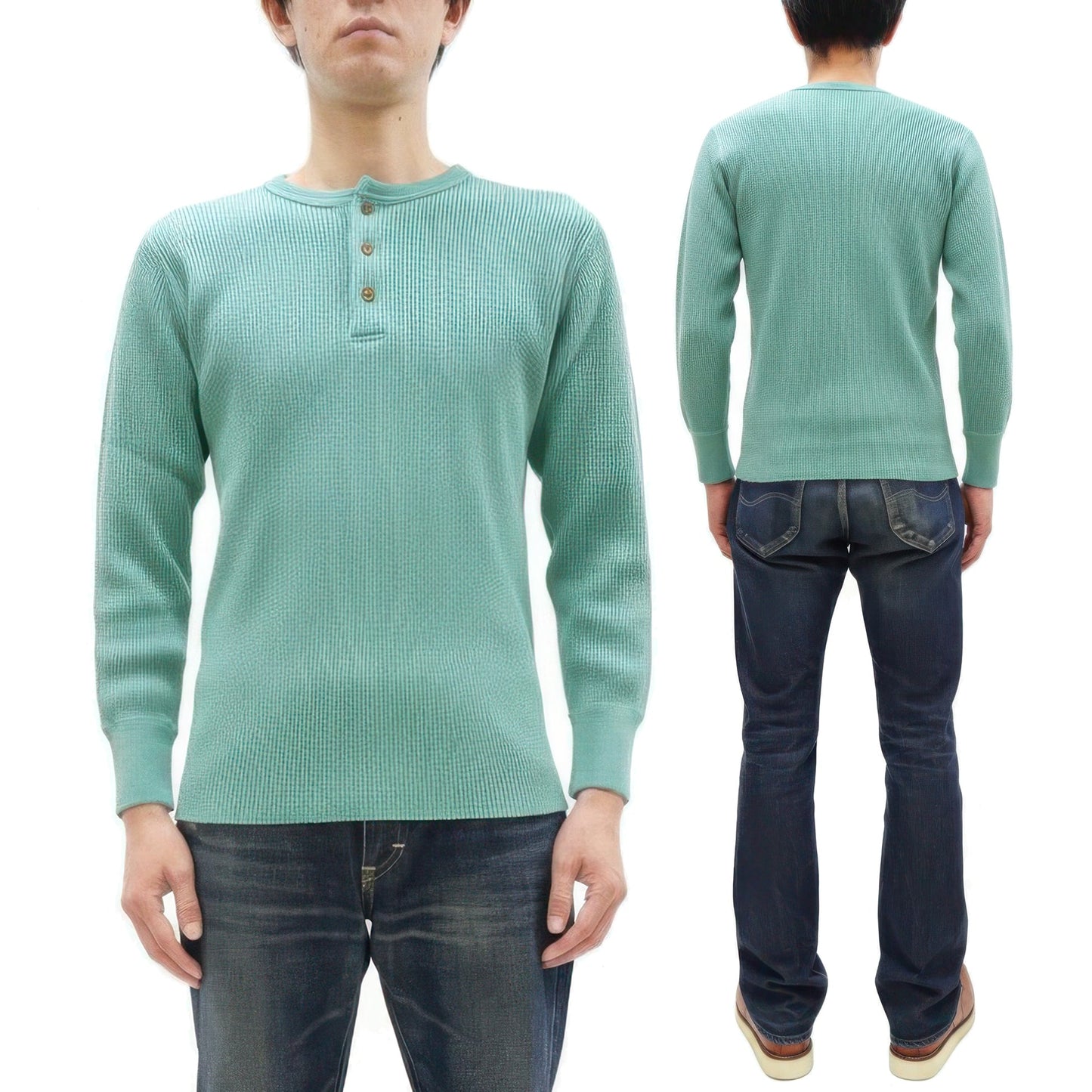 Studio D'Artisan Men's Heavyweight Waffle Knit Thermal Henley Long Sleeve T-Shirt - 100% Cotton, Ribbed Crew Neck Band, Ribbed Cuffs, Raw-edge hem, Made in Japan (SDA 9937) Emerald Green