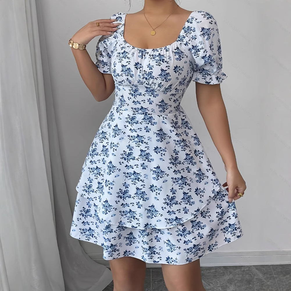 Ditsy Floral High Waist Flared Midi Dress – Short Sleeve Backless Summer Dress