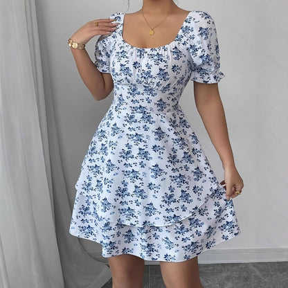 Ditsy Floral High Waist Flared Midi Dress – Short Sleeve Backless Summer Dress