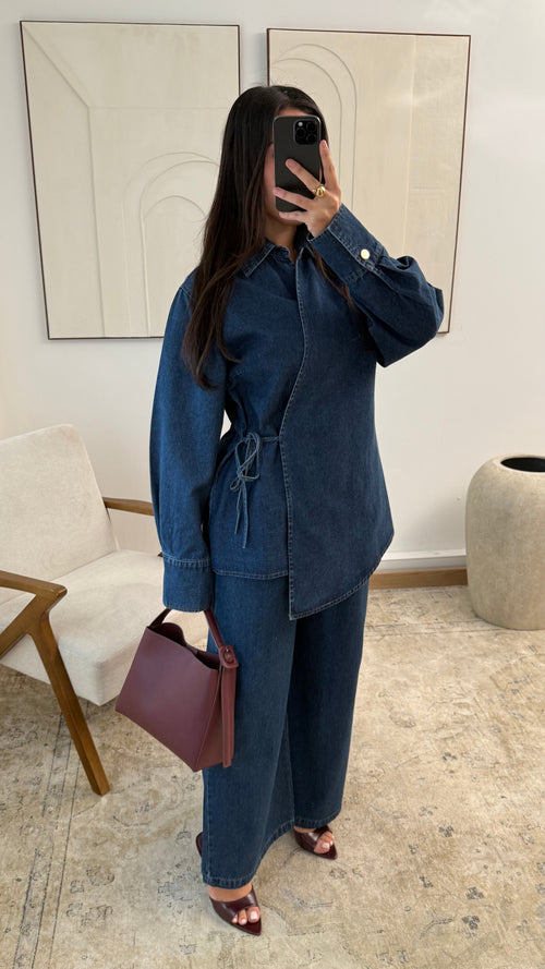 Ensemble en jean pantalon et haut asymétrique | Bleu médium