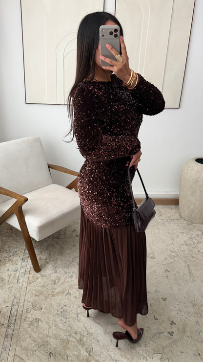 Robe A Sequins Plissee I Chocolat