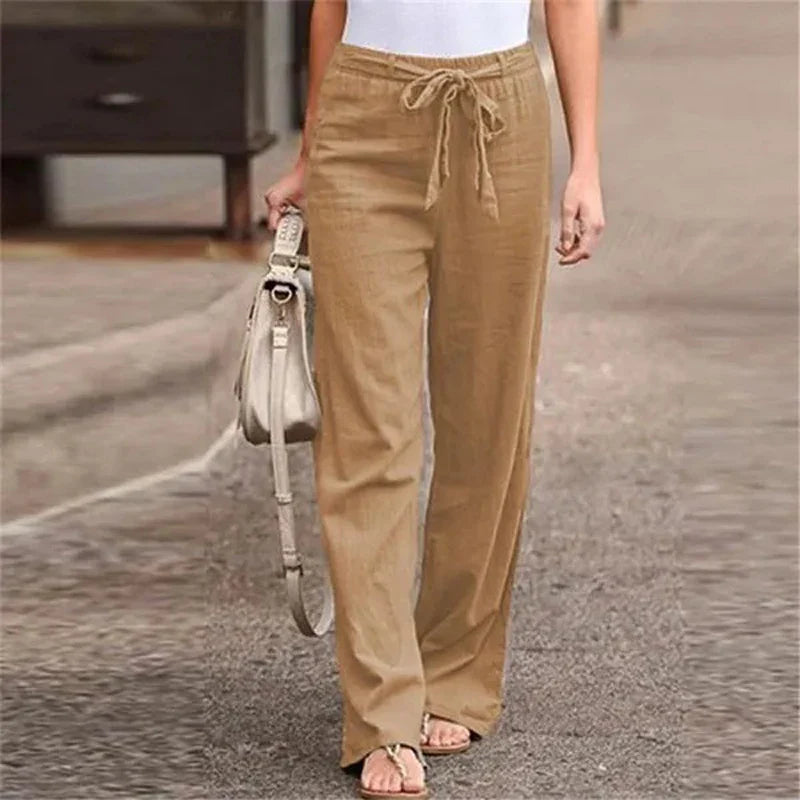 2024 Women Cotton Linen Pants Summer Fashion Elastic Waist Loose Straight Pants Female Casual Solid Color Ankle-length Trousers