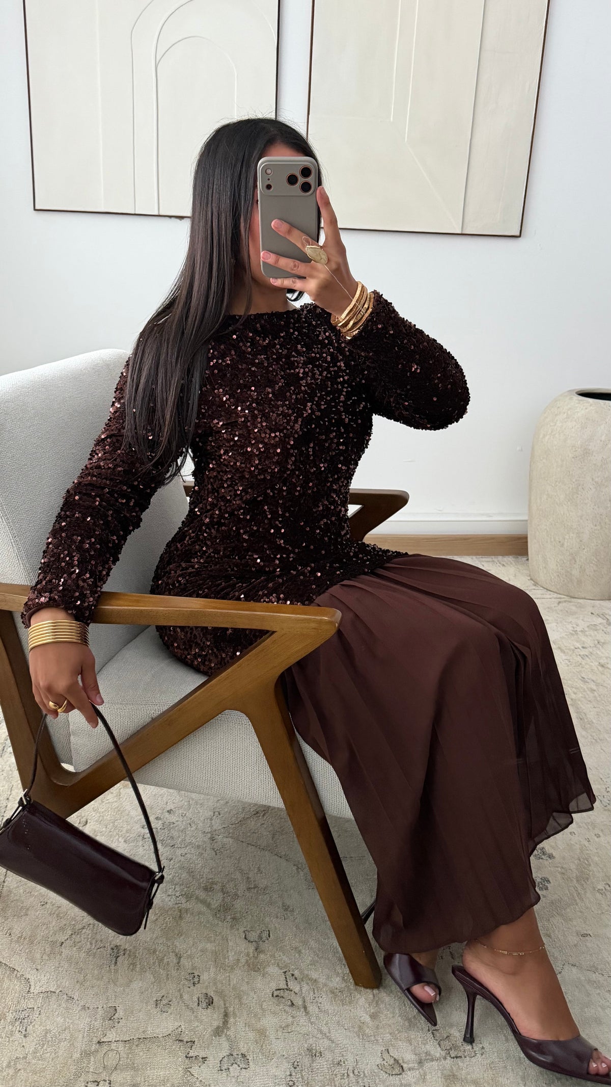 Robe A Sequins Plissee I Chocolat