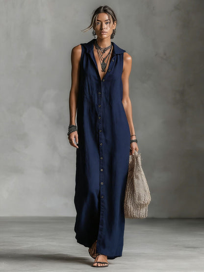 Women's Sleeveless Deep V-Neck Hooded Loose Maxi Dress – 6 Colors XS–3XL