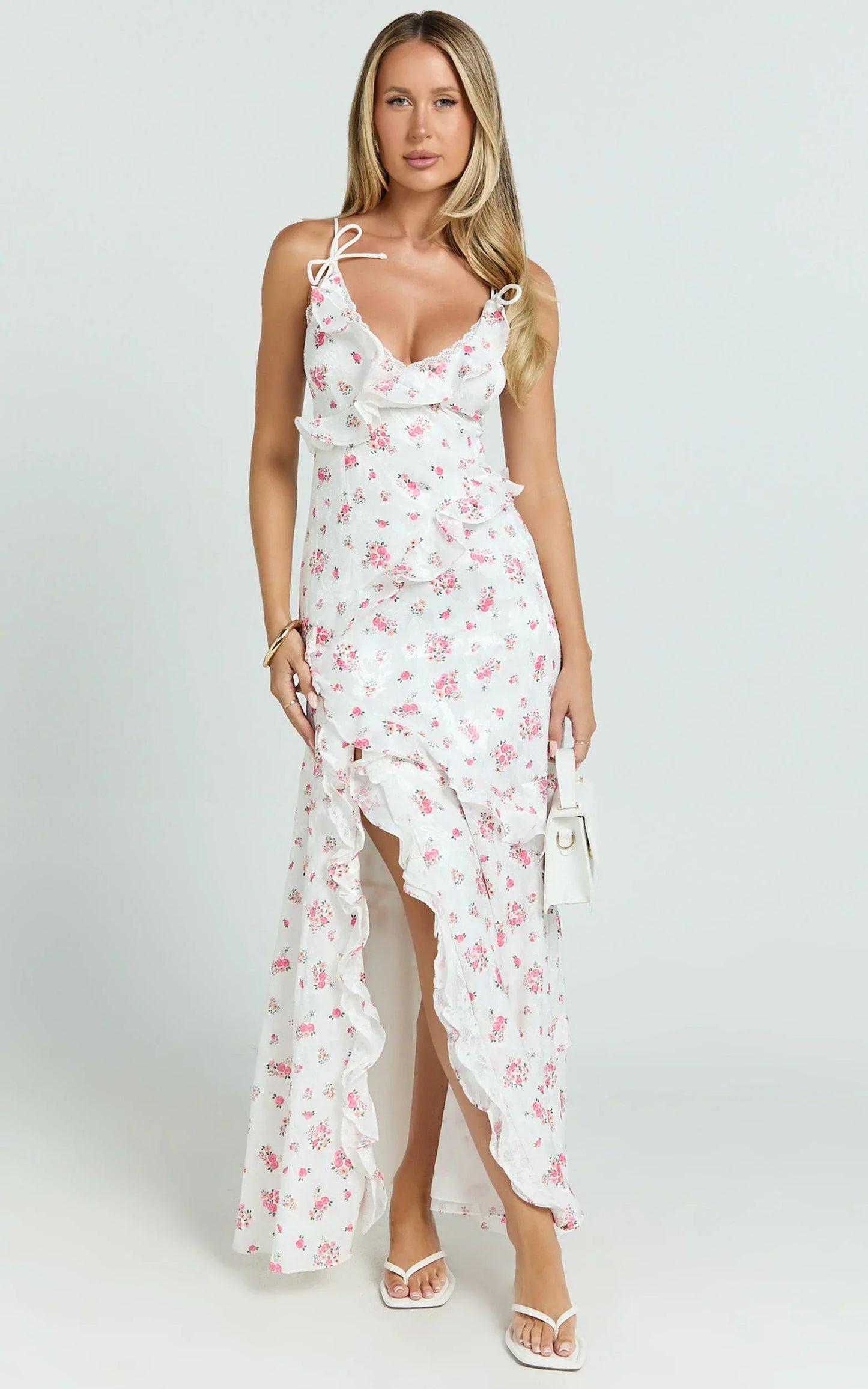 Justine Maxi Dress - Jacquard V Neck Ruffle Tiered Dress in Romantic Ditsy Print