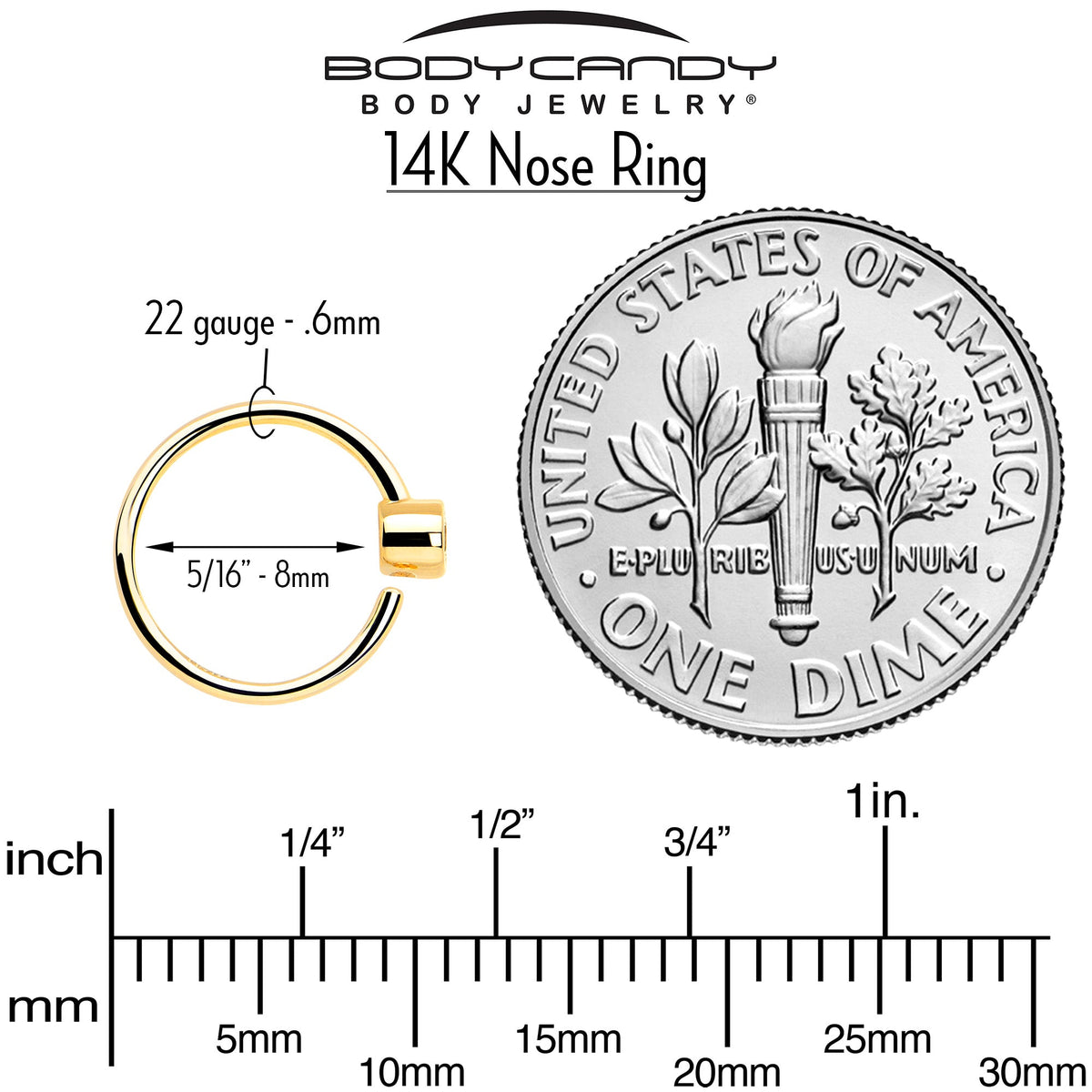 14k Solid Yellow Gold Bendable Nose Hoop 22G 5/16 with 2mm Bezel CZ
