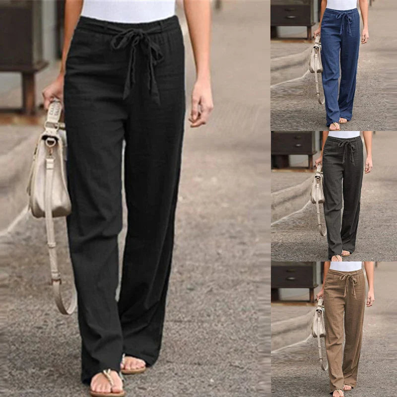 2024 Women Cotton Linen Pants Summer Fashion Elastic Waist Loose Straight Pants Female Casual Solid Color Ankle-length Trousers
