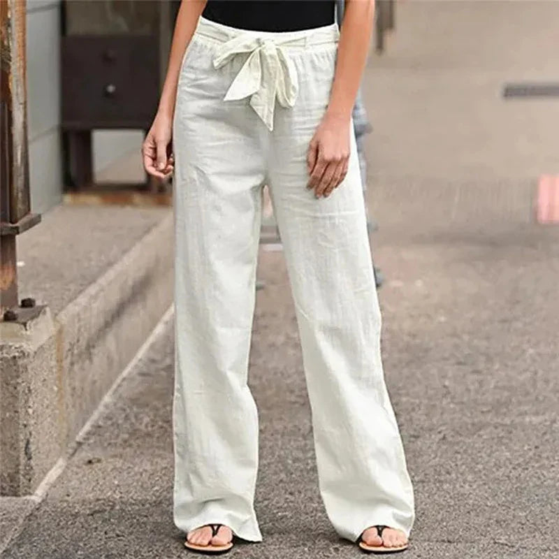 2024 Women Cotton Linen Pants Summer Fashion Elastic Waist Loose Straight Pants Female Casual Solid Color Ankle-length Trousers