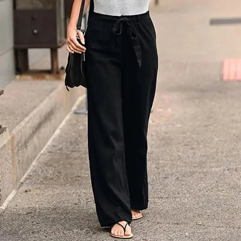 2024 Women Cotton Linen Pants Summer Fashion Elastic Waist Loose Straight Pants Female Casual Solid Color Ankle-length Trousers