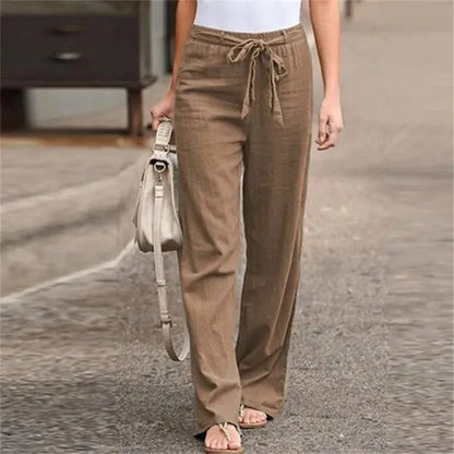 2024 Women Cotton Linen Pants Summer Fashion Elastic Waist Loose Straight Pants Female Casual Solid Color Ankle-length Trousers