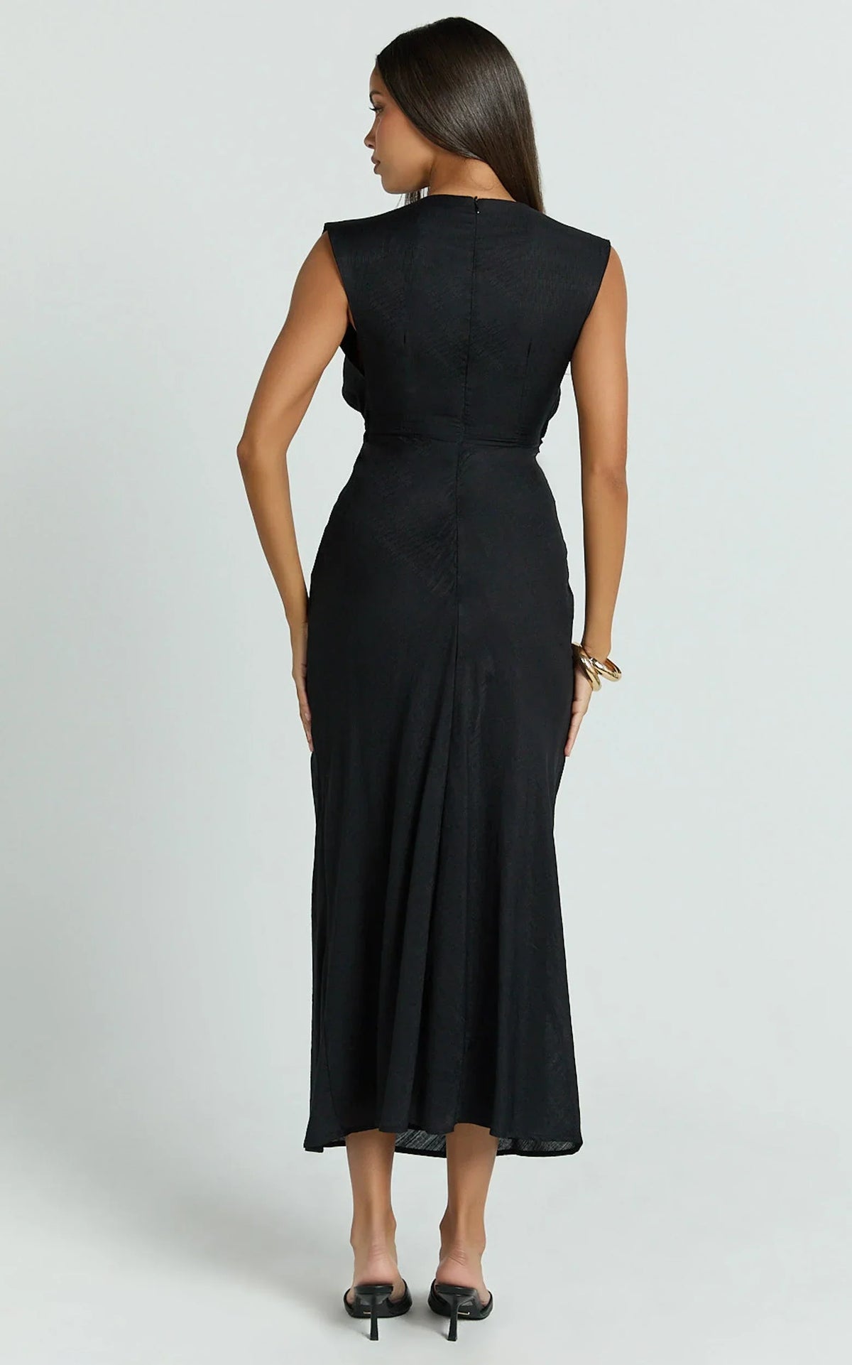 Beatrice Midi Dress - Plunge Neck Tie Cut Out Front Dress in Black