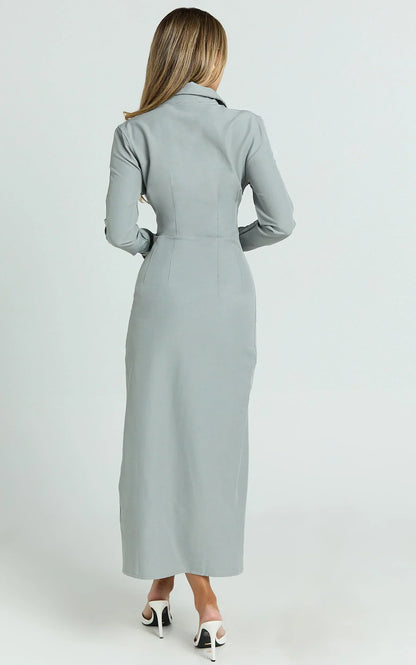 Genevieve Midi Dress - Slim Shirt Dress in Light Grey