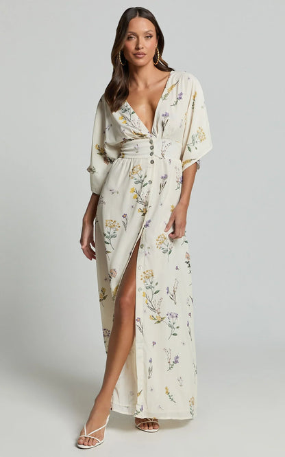 Inka Midi Dress - Short Sleeve Button Down Dress in Botanical Floral