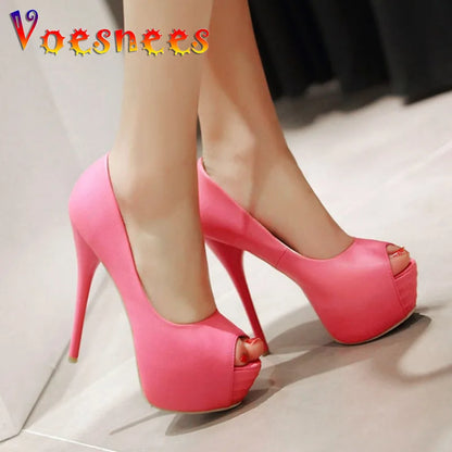 2022 Spring New Super High Heel Fish Mouth Single Shoes Waterproof Platform Comfortable Women's Thin Heel Model Walk Show Pumps