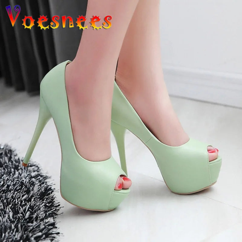 2022 Spring New Super High Heel Fish Mouth Single Shoes Waterproof Platform Comfortable Women's Thin Heel Model Walk Show Pumps