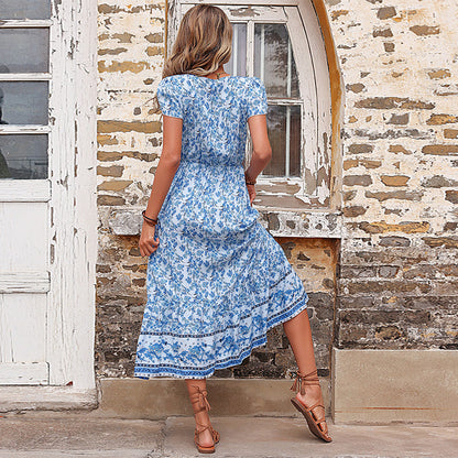 New Summer Bohemian Split Dress Plain v Neck Short Sleeve Casual Ethnic Style Clothing Loose Women Boho Dress