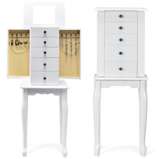 2 Colors Armoire Storage Standing Jewelry Cabinet with Mirror-White - Color: White