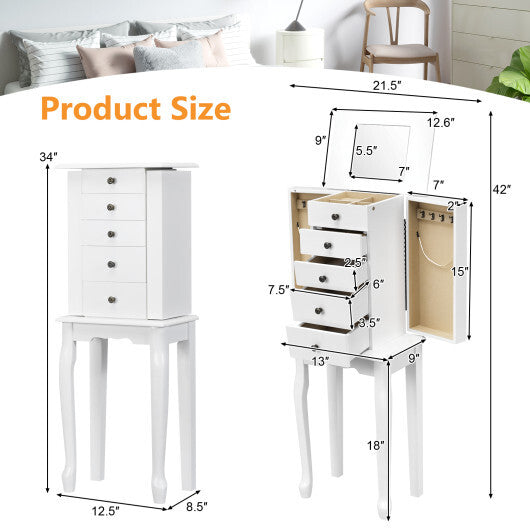 2 Colors Armoire Storage Standing Jewelry Cabinet with Mirror-White - Color: White