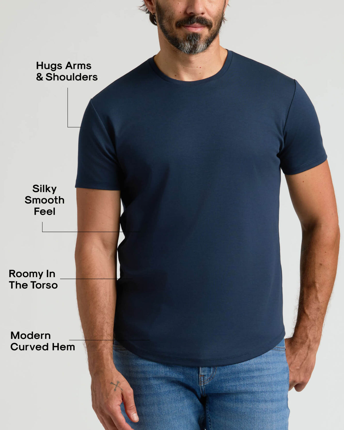 Navy Pima Cotton Blend Curved Hem Crew