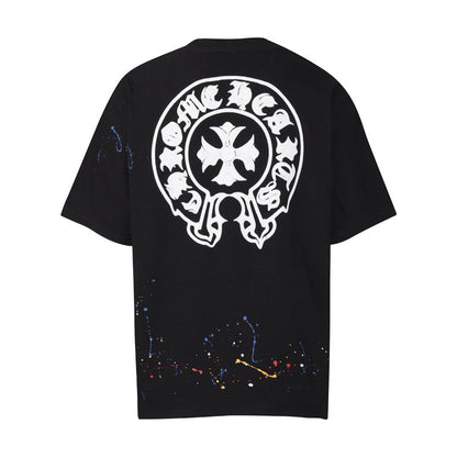 Chrome Heart T Shirts Cross Leather Print Short Sleeve T-Shirt Loose