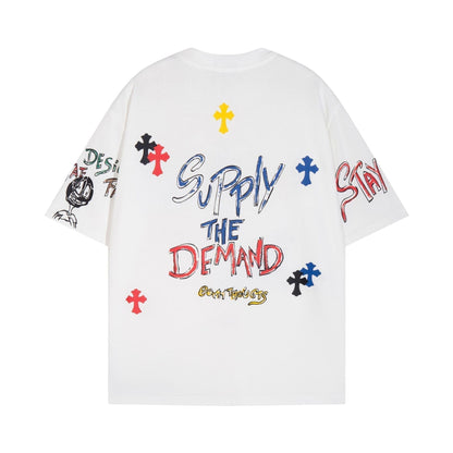 Chrome Heart T Shirts Cross Print Sanskrit Hand Painted Graffiti Short Sleeve T-Shirt