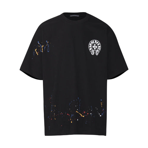 Chrome Heart T Shirts Cross Leather Print Short Sleeve T-Shirt Loose