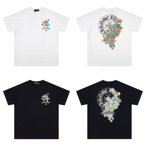 Chrome Heart T Shirts Cross Leather Print Short Sleeve T-Shirt Loose
