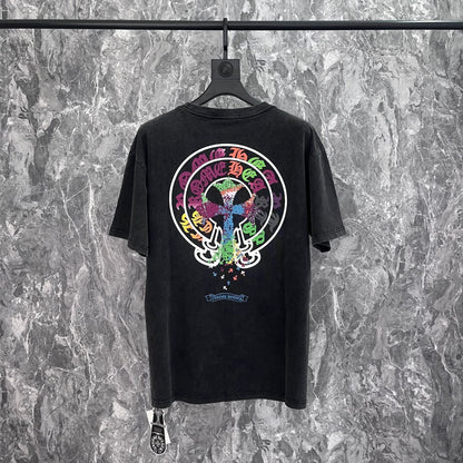 Chrome Heart T Shirts Crowe Sanskrit Horseshoe Wash Old Short Sleeve Loose Crew Neck T-Shirt