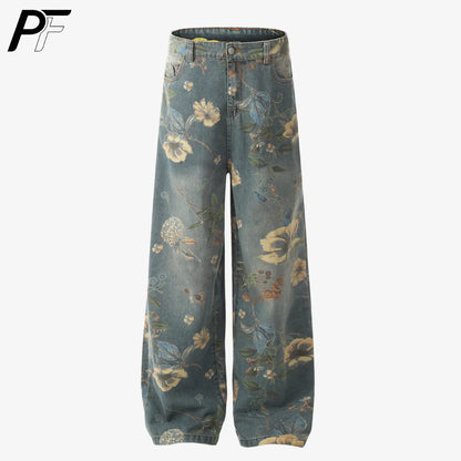 2026 New Vintage Floral Print Wide Leg Denim Pants Y2K High Waisted Distressed Washed Jeans Streetwear Loose Casual Trousers