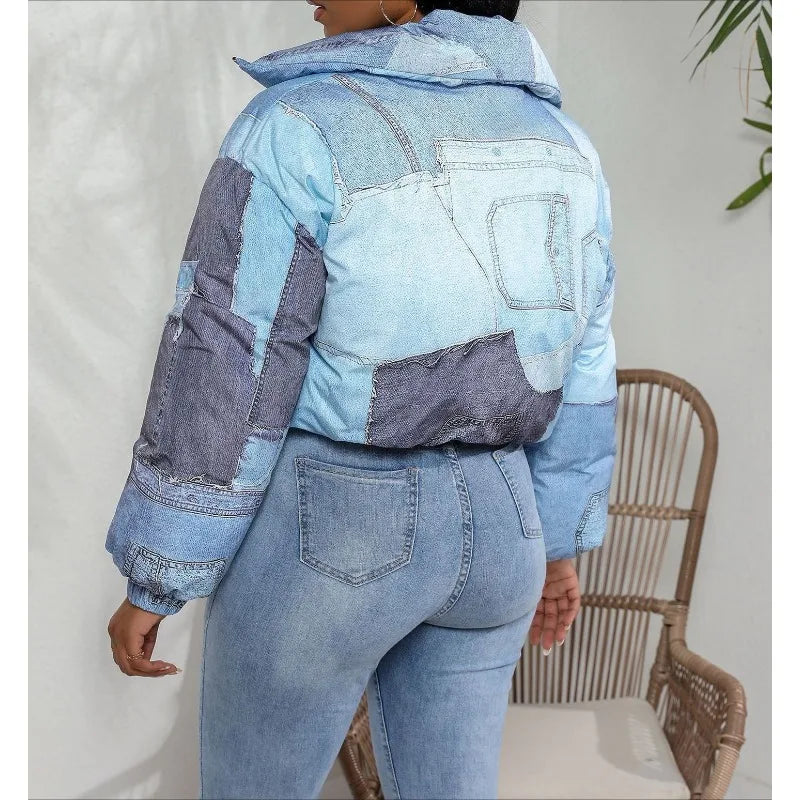 2025 Fashion Women's Jacket with Denim Print Cotton Coat