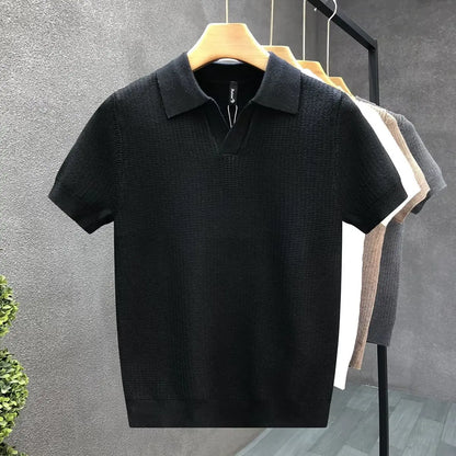2026 Men's Summer Polo Shirt Korean Style Slim Wrinkle Resistant Collar Solid Color T-Shirts Casual Thin Sleeve Trendy Knit Tops