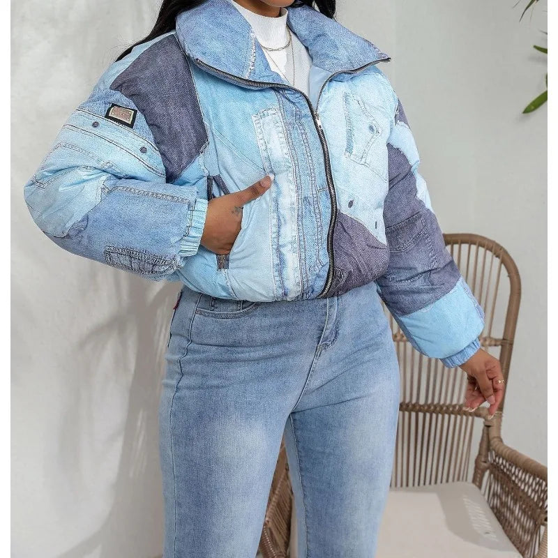 2025 Fashion Women's Jacket with Denim Print Cotton Coat