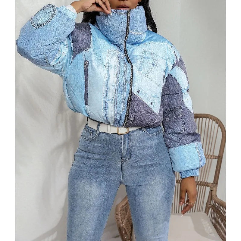 2025 Fashion Women's Jacket with Denim Print Cotton Coat