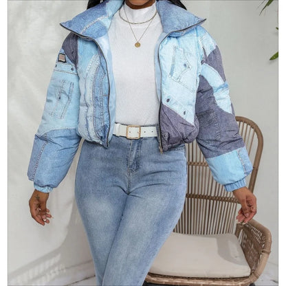 2025 Fashion Women's Jacket with Denim Print Cotton Coat