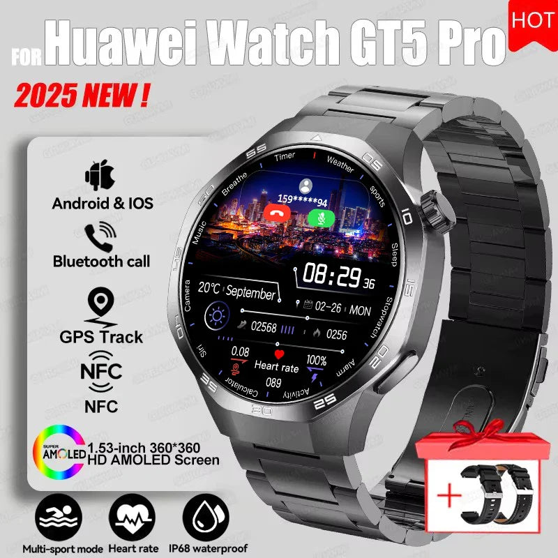 2026 Watch 5 Pro GPS Track Compass Smart Watch Men 360*360 AMOLED Screen NFC BT Call Waterproof Health Monitor Man Smartwatches