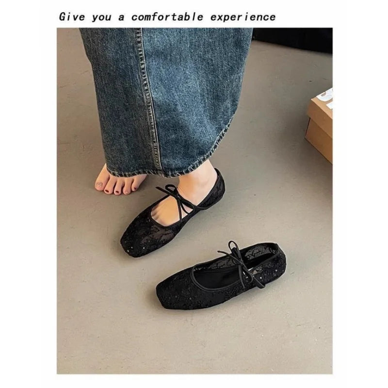 2026 Women's Lace Mesh Mary Jane Shoes Fashion Square Toe Bowknot Flats Soft Sole Comfortable Slip-On Retro Elegant Date Shoes