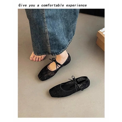 2026 Women's Lace Mesh Mary Jane Shoes Fashion Square Toe Bowknot Flats Soft Sole Comfortable Slip-On Retro Elegant Date Shoes