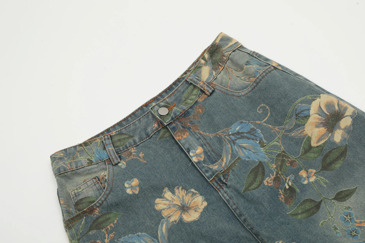 2026 New Vintage Floral Print Wide Leg Denim Pants Y2K High Waisted Distressed Washed Jeans Streetwear Loose Casual Trousers