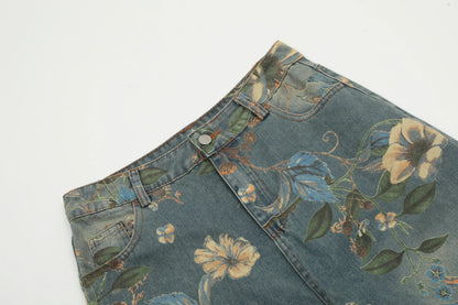 2026 New Vintage Floral Print Wide Leg Denim Pants Y2K High Waisted Distressed Washed Jeans Streetwear Loose Casual Trousers