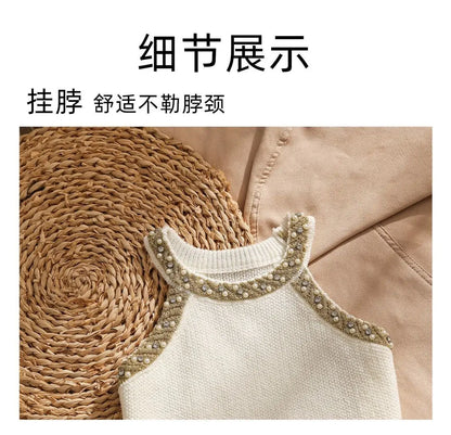 2026 Summer Sleeveless Knitted Vest Shirt Slim Halter Neck Beaded Tops Slim Sexy Bright Silk Women Camisole