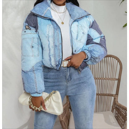 2025 Fashion Women's Jacket with Denim Print Cotton Coat