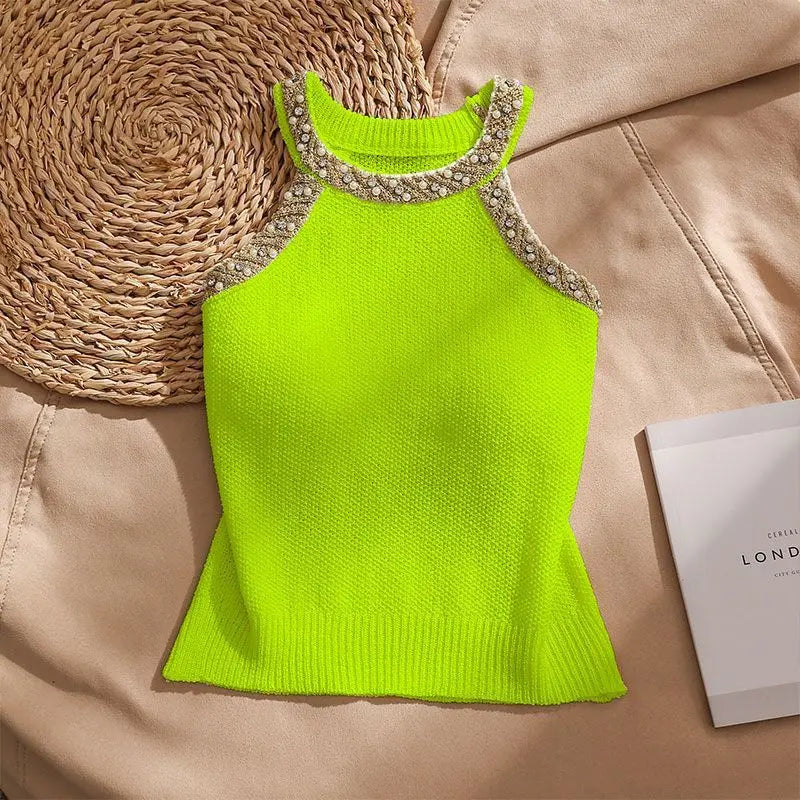 2026 Summer Sleeveless Knitted Vest Shirt Slim Halter Neck Beaded Tops Slim Sexy Bright Silk Women Camisole