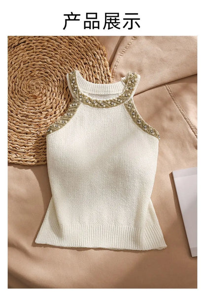 2026 Summer Sleeveless Knitted Vest Shirt Slim Halter Neck Beaded Tops Slim Sexy Bright Silk Women Camisole