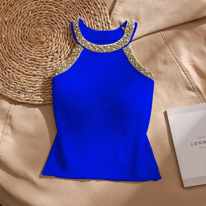 2026 Summer Sleeveless Knitted Vest Shirt Slim Halter Neck Beaded Tops Slim Sexy Bright Silk Women Camisole