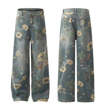 2026 New Vintage Floral Print Wide Leg Denim Pants Y2K High Waisted Distressed Washed Jeans Streetwear Loose Casual Trousers