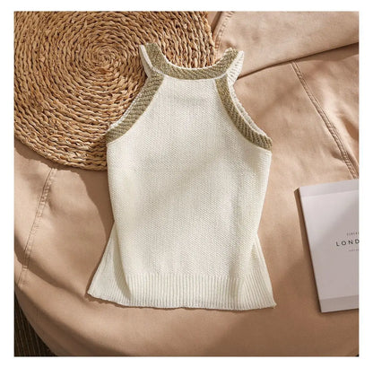 2026 Summer Sleeveless Knitted Vest Shirt Slim Halter Neck Beaded Tops Slim Sexy Bright Silk Women Camisole