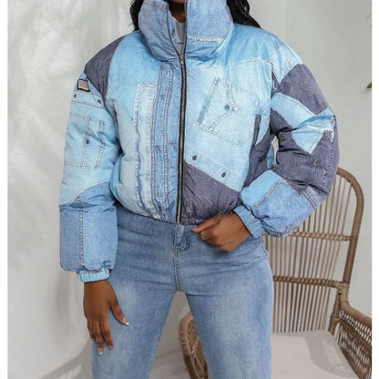2025 Fashion Women's Jacket with Denim Print Cotton Coat